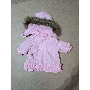 Starting Out Baby Girl Pink Puffer Coat Faux Fur Hooded‎ Ruffle Hem 3M